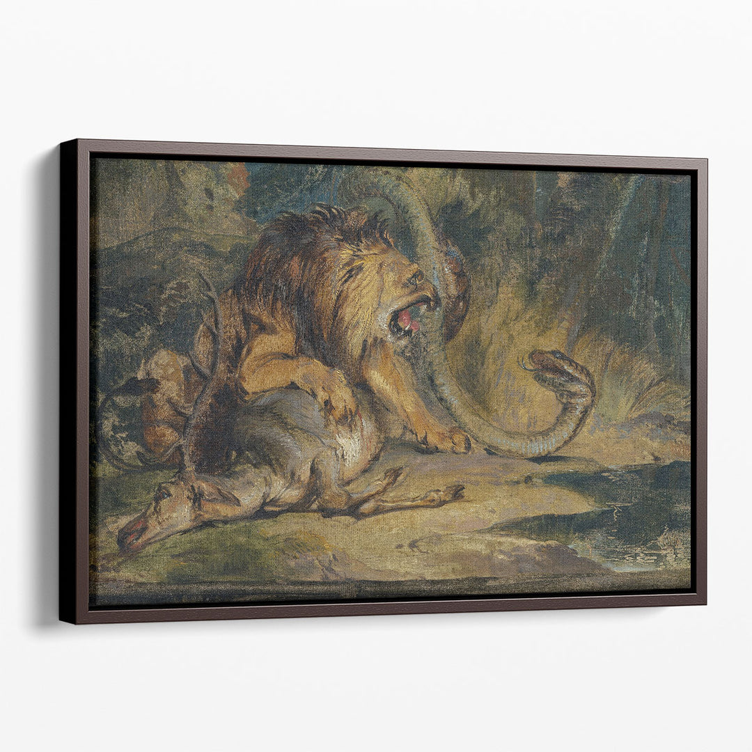 Lion Defending its Prey - Canvas Print Wall Art