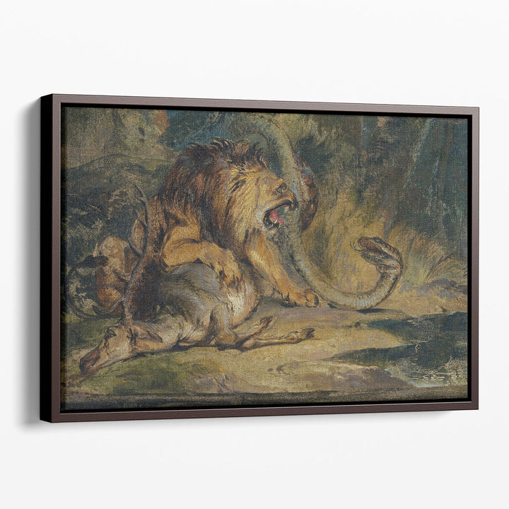 Lion Defending its Prey - Canvas Print Wall Art