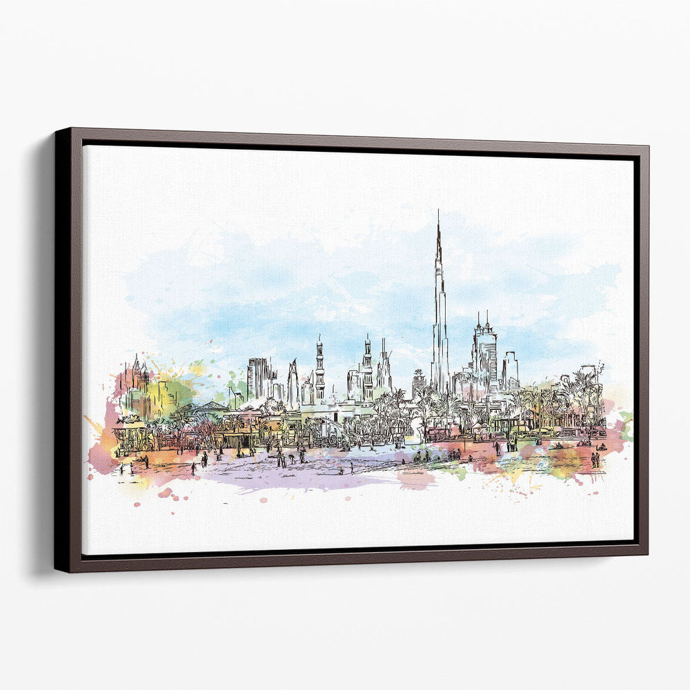 Watercolor Sketch of Jumeirah Beach with Burj Skyline Dubai - Canvas Print Wall Art