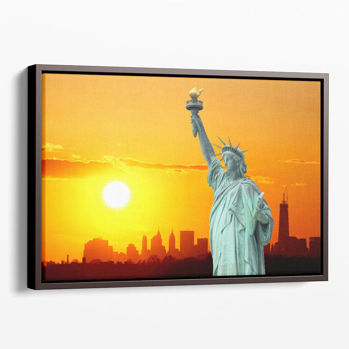 Manhattan Skyline and The Statue of Liberty at Sunset, New York City - Canvas Print Wall Art