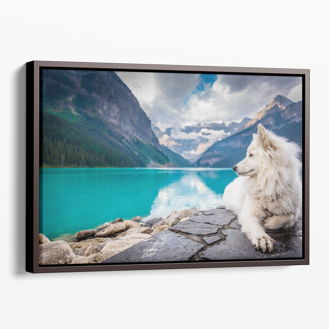 White Fox Sitting On A Lakefront Near Mountains - Canvas Print Wall Art