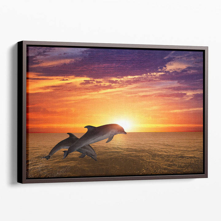 Jumping Dolphins, Beautiful Red Sunset on Sea - Canvas Print Wall Art