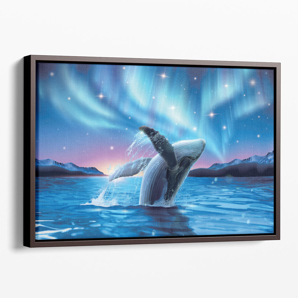 Humpback Whale Breaching Water With Breathtaking Aurora - Canvas Print Wall Art