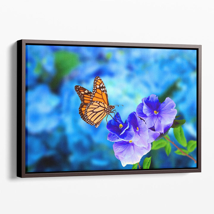 Beautiful Butterfly on Blue Flowers - Canvas Print Wall Art