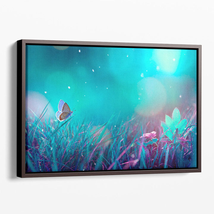 Butterfly in a Meadow At Night, Turquoise Background - Canvas Print Wall Art