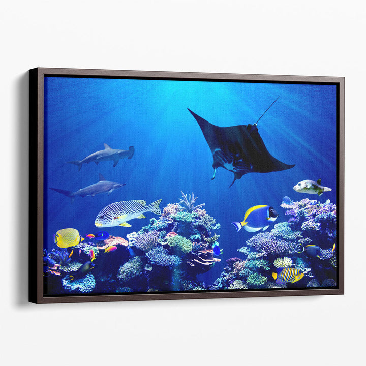 Eagle Ray and Hammerhead Sharks , Underwater Coral Reef - Canvas Print Wall Art