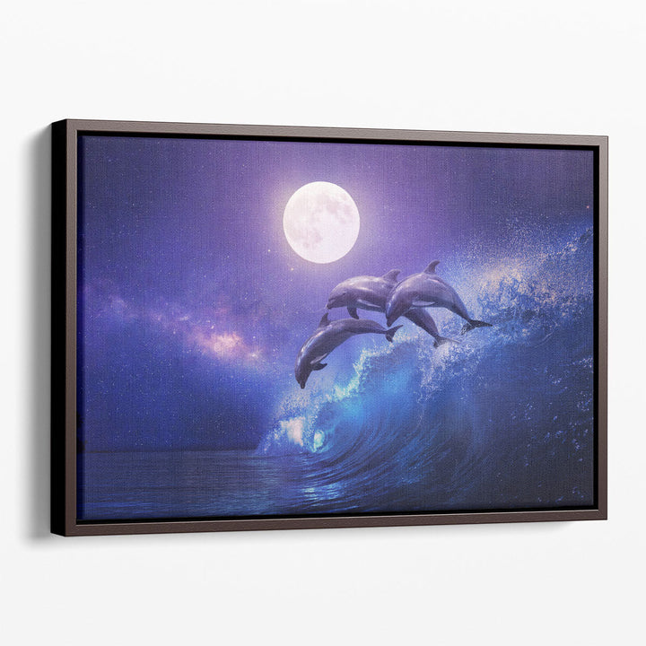 Three Dolphins Leaping in a Sea, Night Ocean and Full Moon - Canvas Print Wall Art