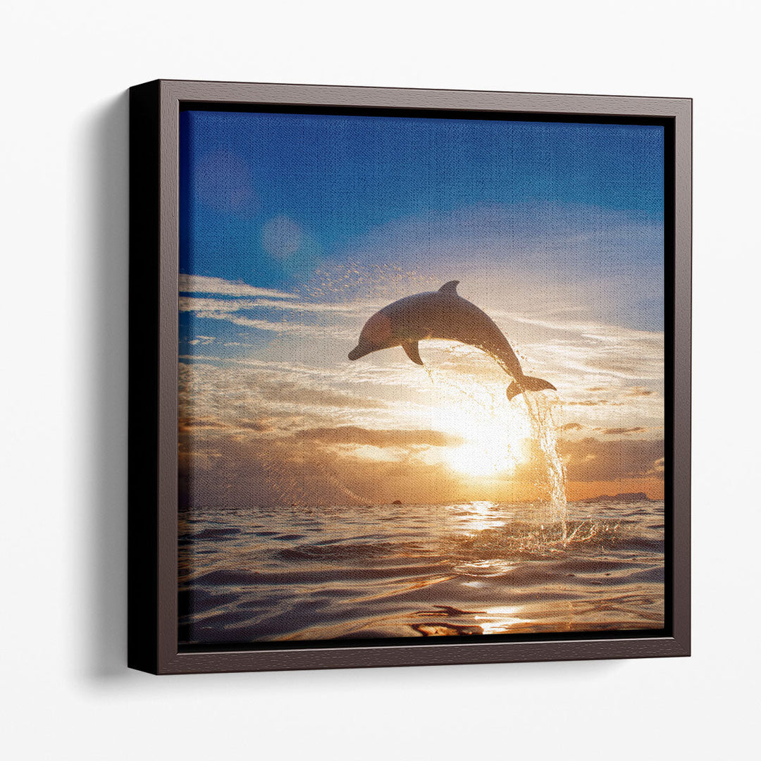 A Dolphin Leaping From Sea Water During Shining Sunset - Canvas Print Wall Art