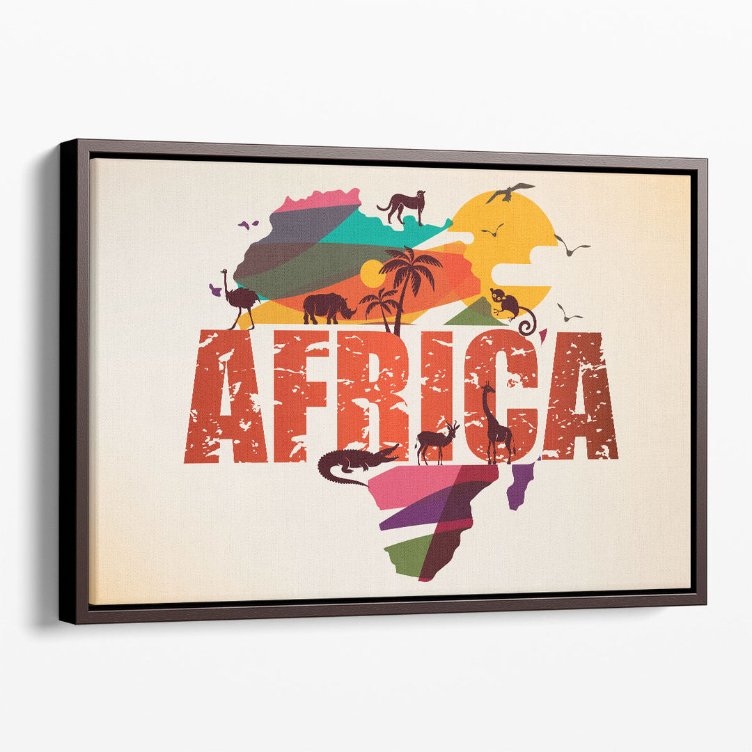 Africa Map With Wild Animals Silhouettes - Canvas Print Wall Art