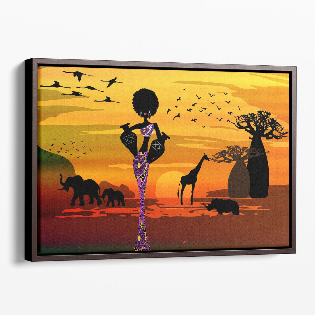 An African Woman Carrying Water In The Pots In Traditional Ankara Dress - Canvas Print Wall Art