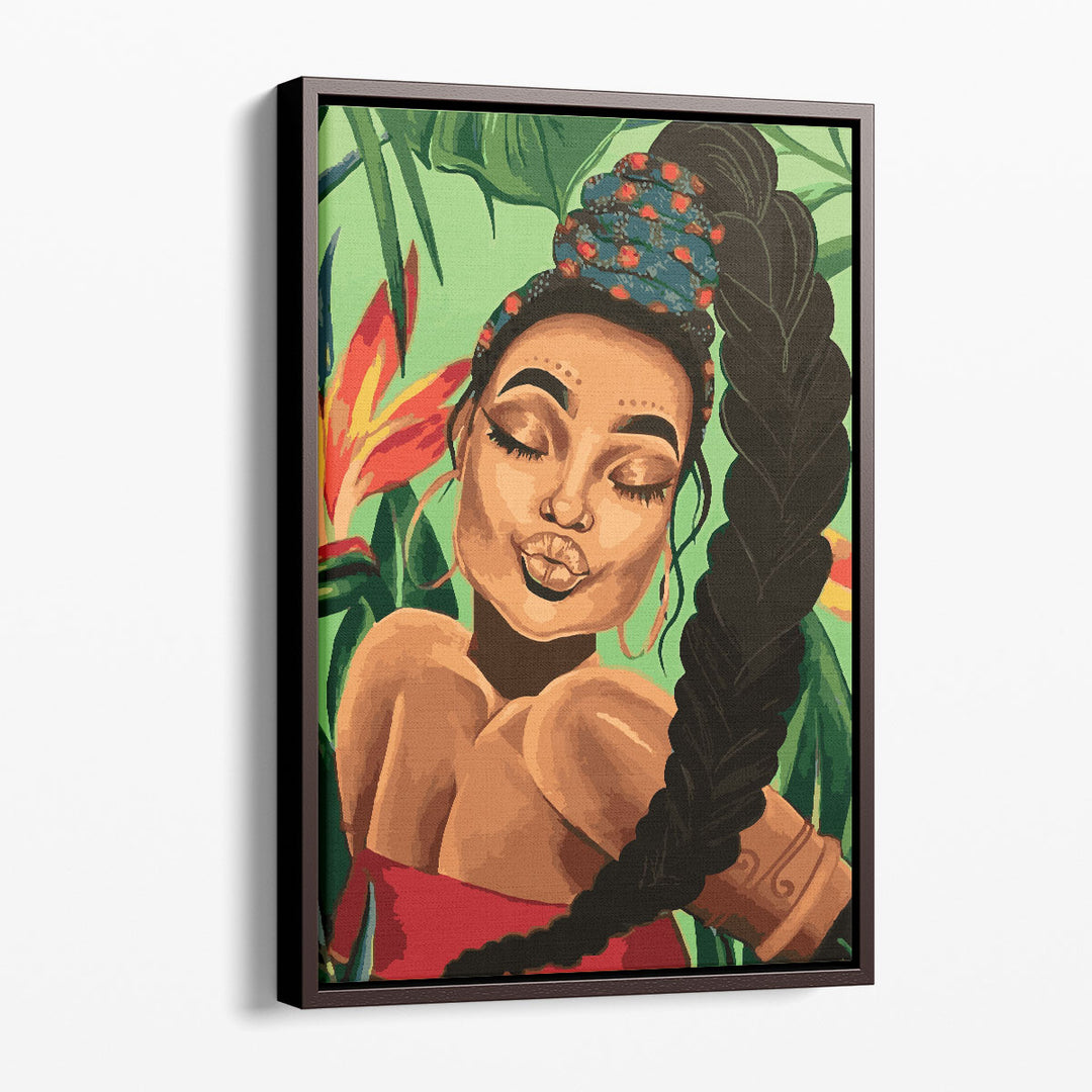 Black Woman Portrait, Afro Art With Tropical Background - Canvas Print Wall Art