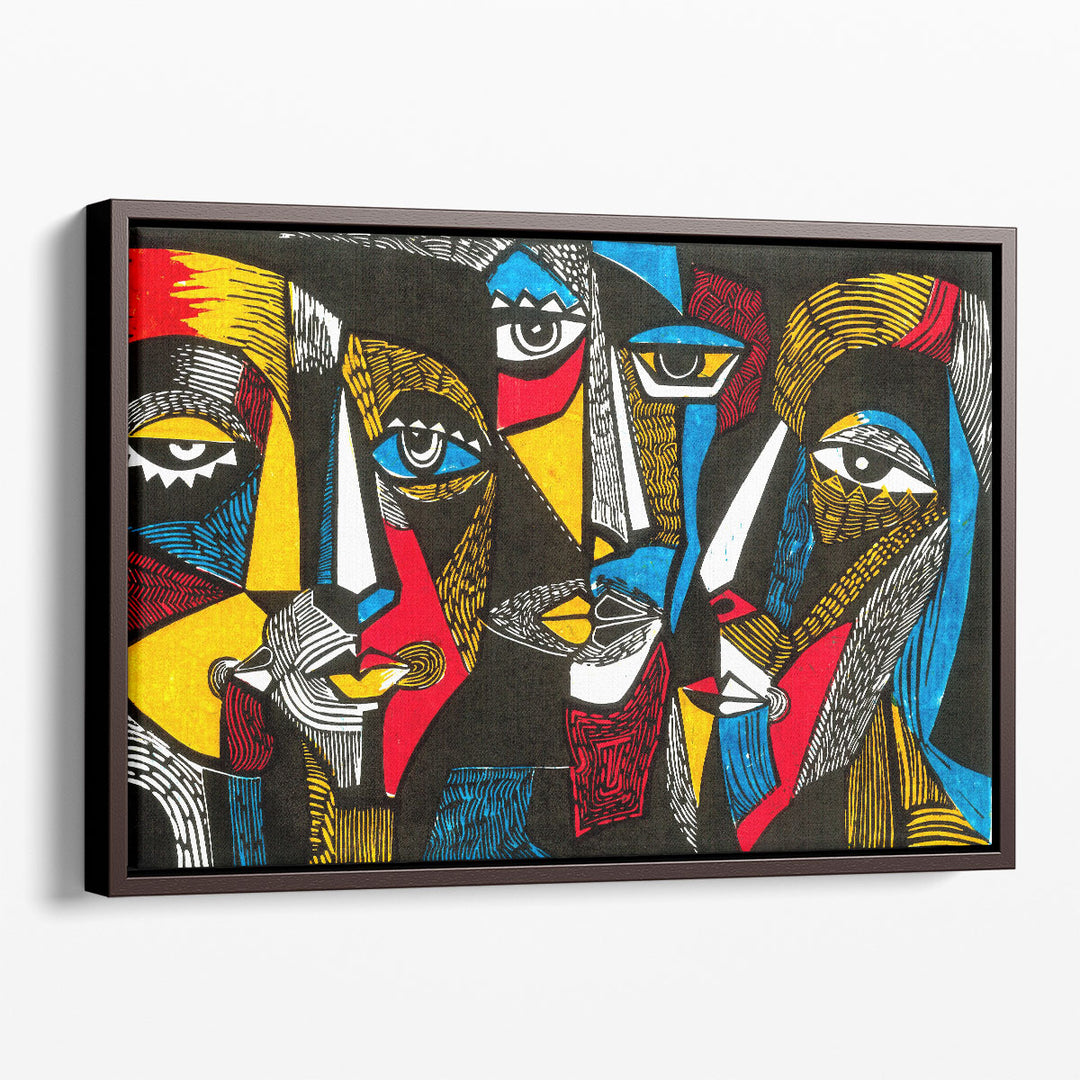 Modern illustration Abstract Art Print Linocut Style, Surreal Colored Faces - Canvas Print Wall Art