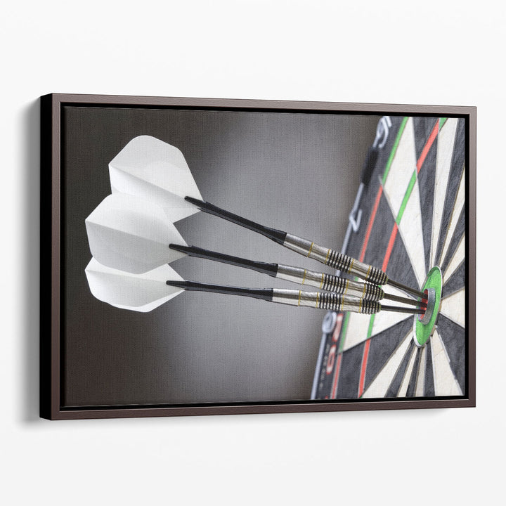 Three Darts in Bullseye of Dartboard - Canvas Print Wall Art