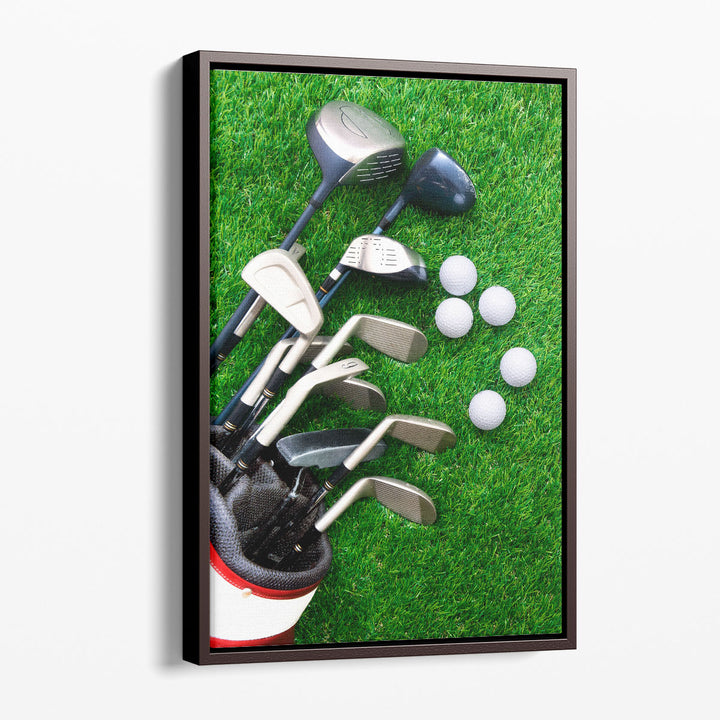 Golf Ball and Golf Club in Bag on Green Grass - Canvas Print Wall Art