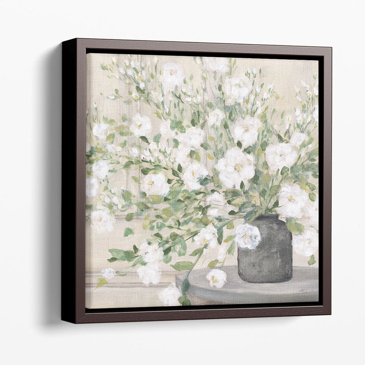 White Bouquet Gray Vase - Canvas Print Wall Art