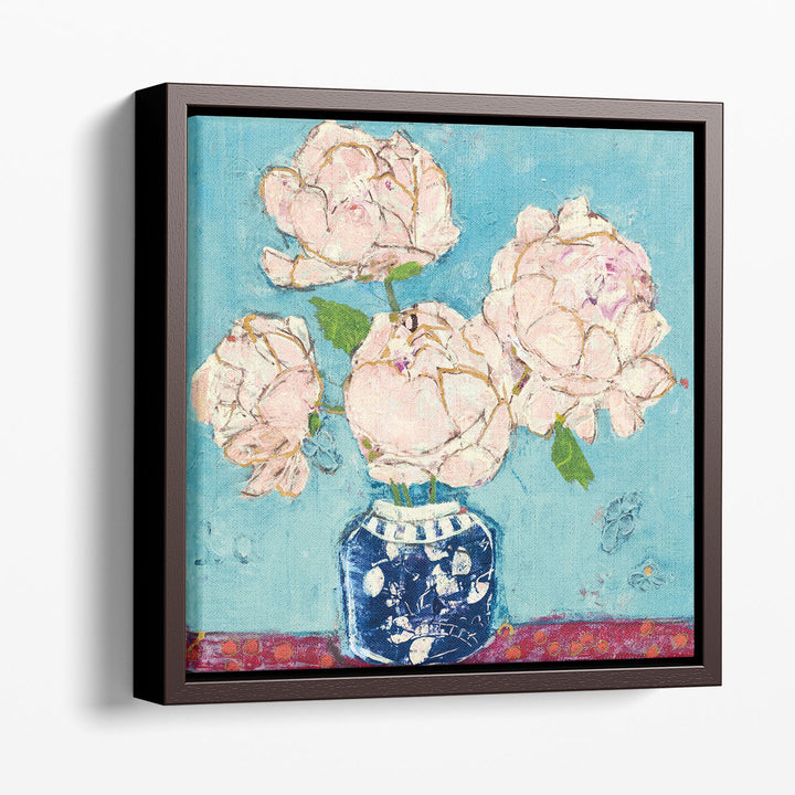 Vase of Peonies Aqua Coral - Canvas Print Wall Art