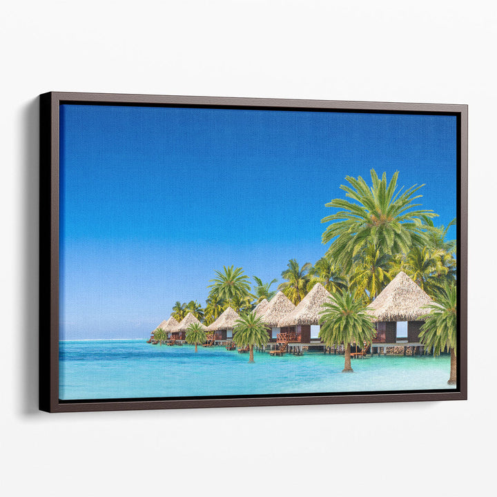 Tropical Landscape, Sea Sand Bungalows and Palm Trees - Canvas Print Wall Art
