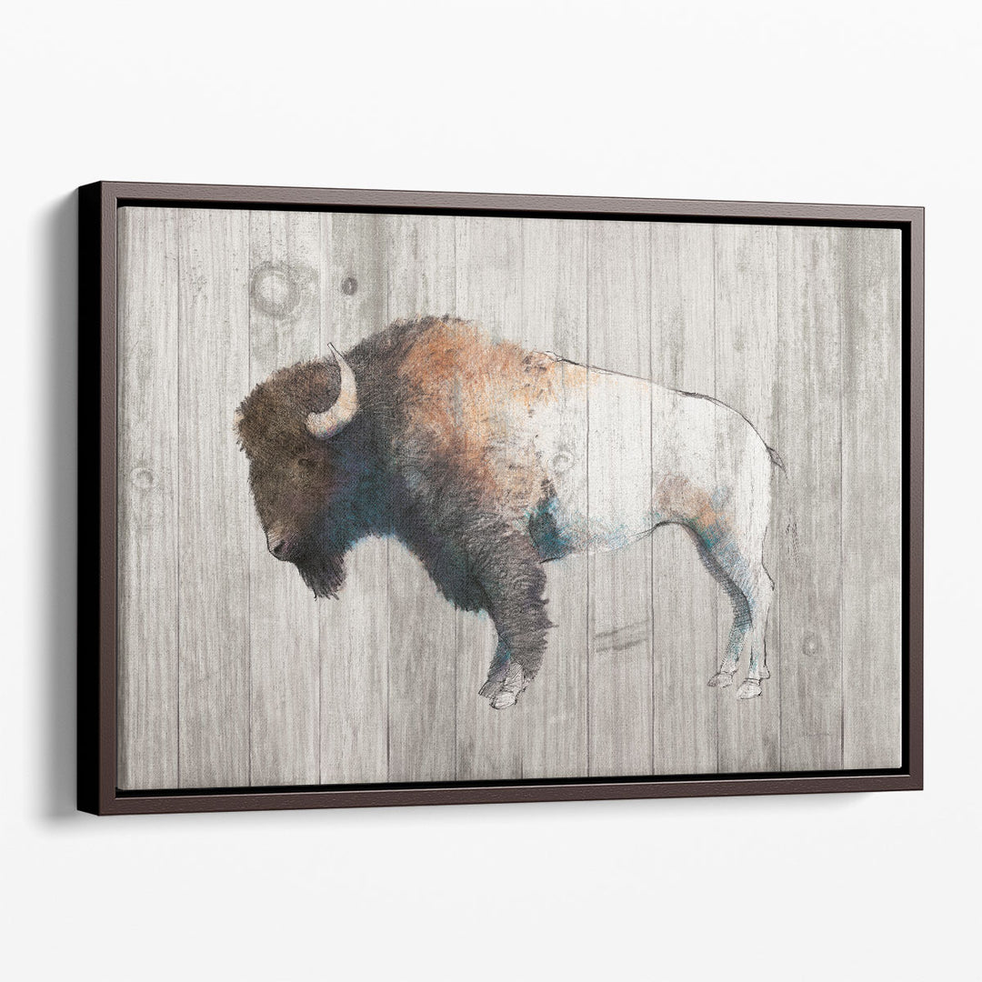 Colorful Bison Dark Brown on Wood - Canvas Print Wall Art