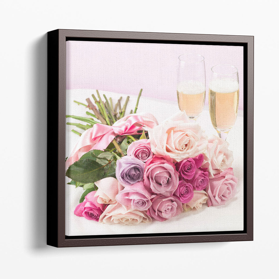 Bouquet of Roses with Champagne Glasses - Canvas Print Wall Art