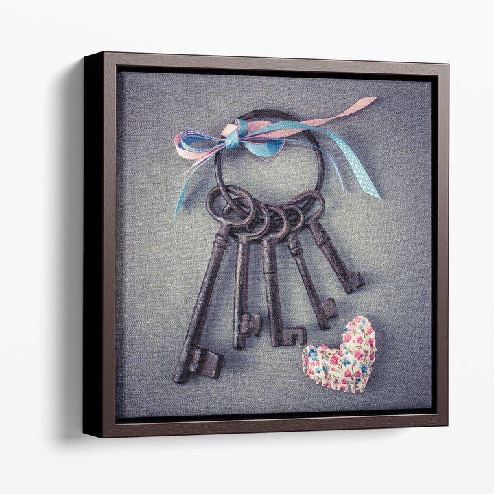 Old Keys with Ribbons and a Heart - Canvas Print Wall Art