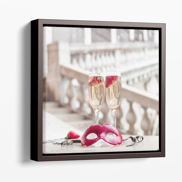 Venetian Mask and Champagne Glasses, Rialto Bridge, Venice - Canvas Print Wall Art