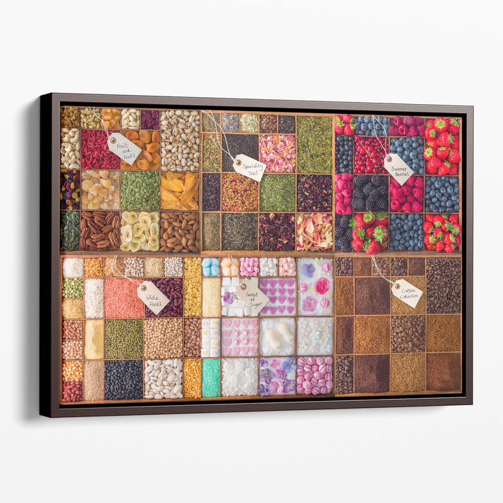 Collage of Food Ingredients in Wooden Boxes - Canvas Print Wall Art