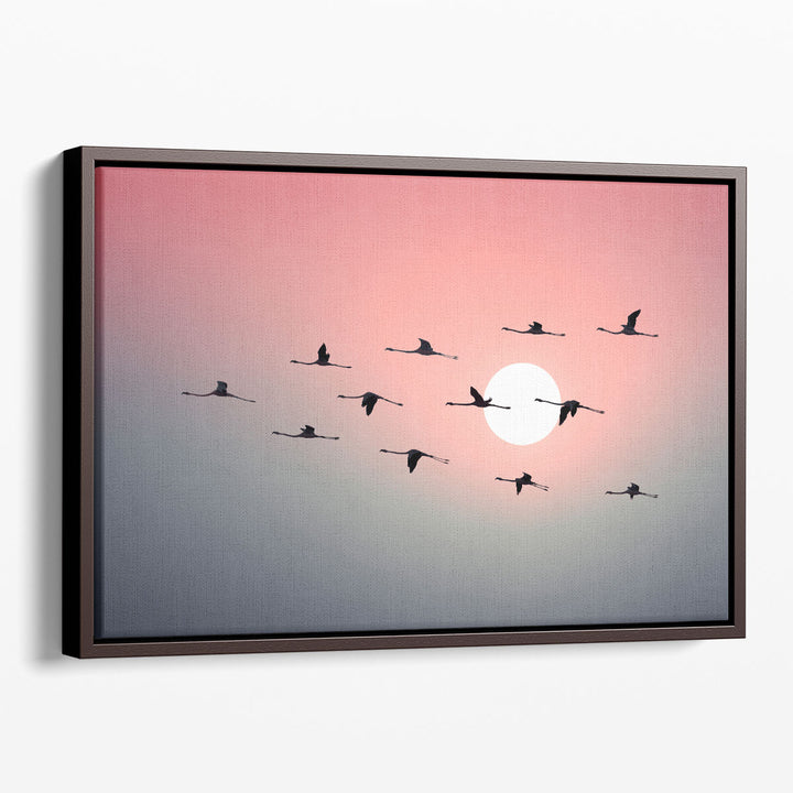 Flock of Flamingos Flying in Sky during Sunset - Canvas Print Wall Art