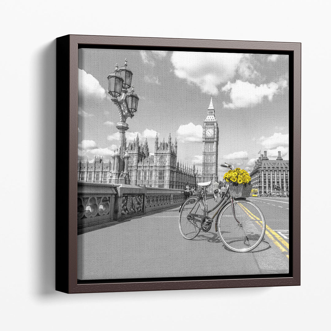 Bicycle with Bunch of Flowers on Westminster Bridge - Canvas Print Wall Art