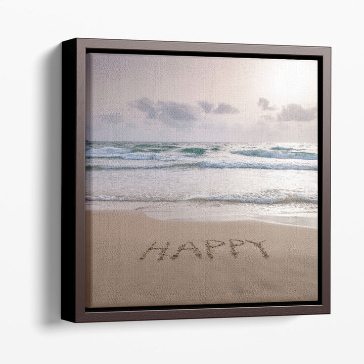 Happy Written on Beach - Canvas Print Wall Art