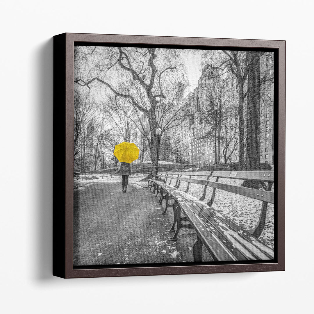 Tourist on Pathway with Yellow Umbrella at Central park, New York - Canvas Print Wall Art