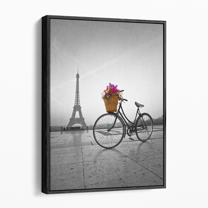 Bicycle With A Basket Of Flowers Next To The Eiffel Tower - Canvas Print Wall Art