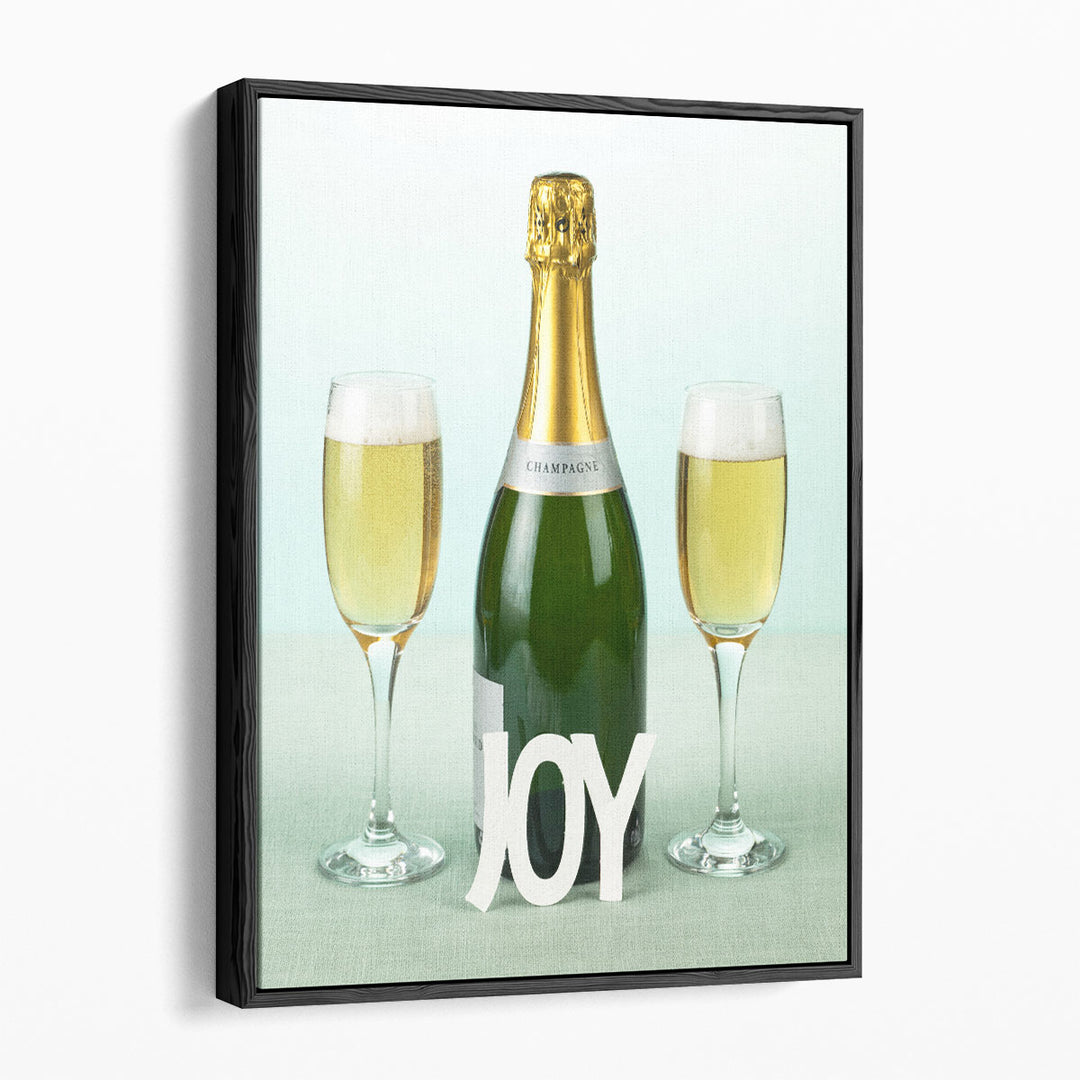 Champagne Bottle And Glasses With The Letters Joy - Canvas Print Wall Art