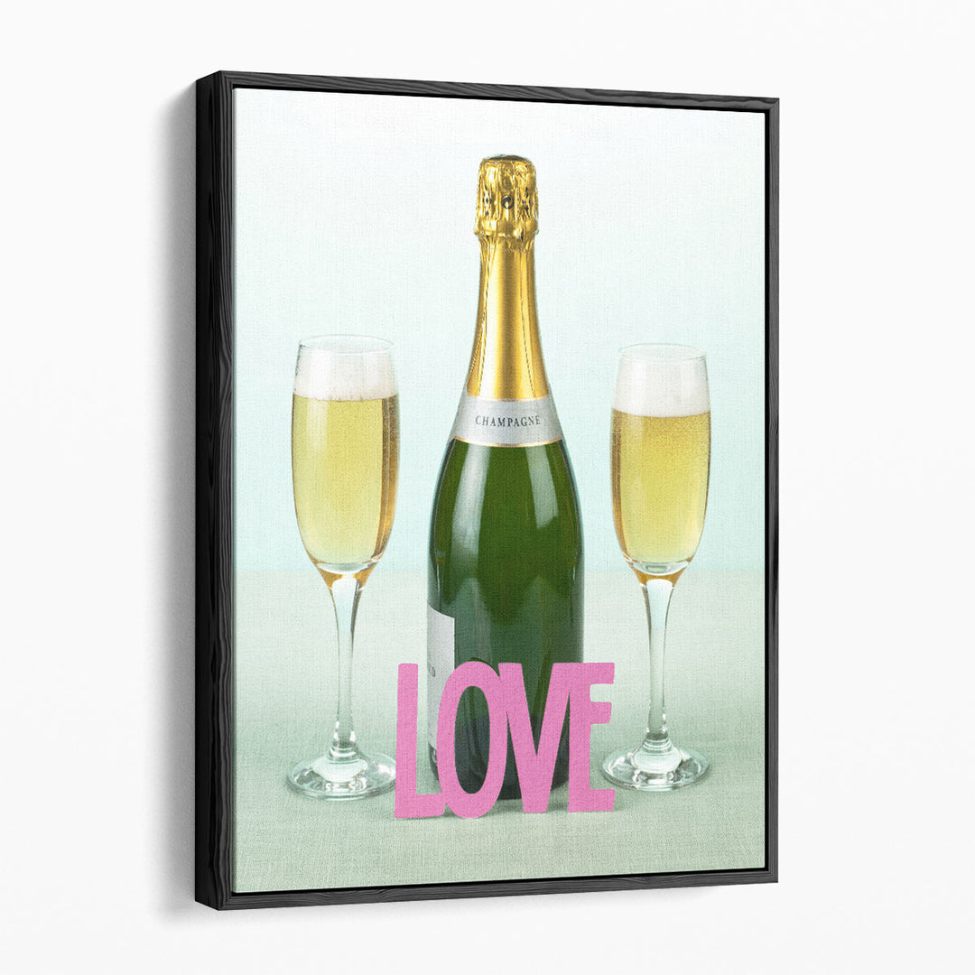 Champagne Bottle And Glasses With The Letters Love - Canvas Print Wall Art