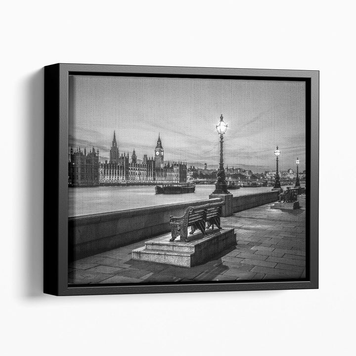 Benches By The Walkway Next To The River Thames, London Black And White - Canvas Print Wall Art