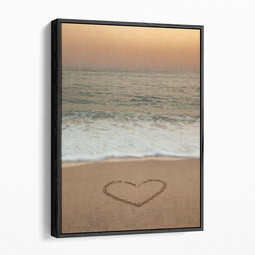 Heart Shape drawn On Beach - Canvas Print Wall Art