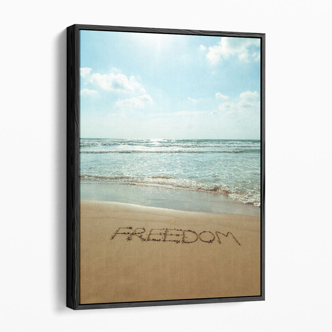 Word Freedom Written In Sand - Canvas Print Wall Art