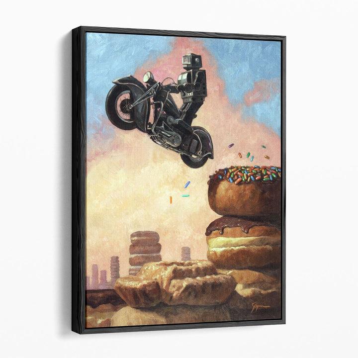 surreal art print – motorcycle emerges from doughnuts