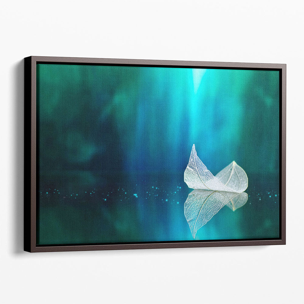 Refection of a Leaf With Turquoise Background - Canvas Print Wall Art