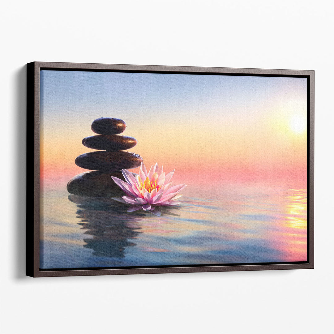 Zen Concept - Spa Stones And Waterlily In A Lake At Sunset - Canvas Print Wall Art