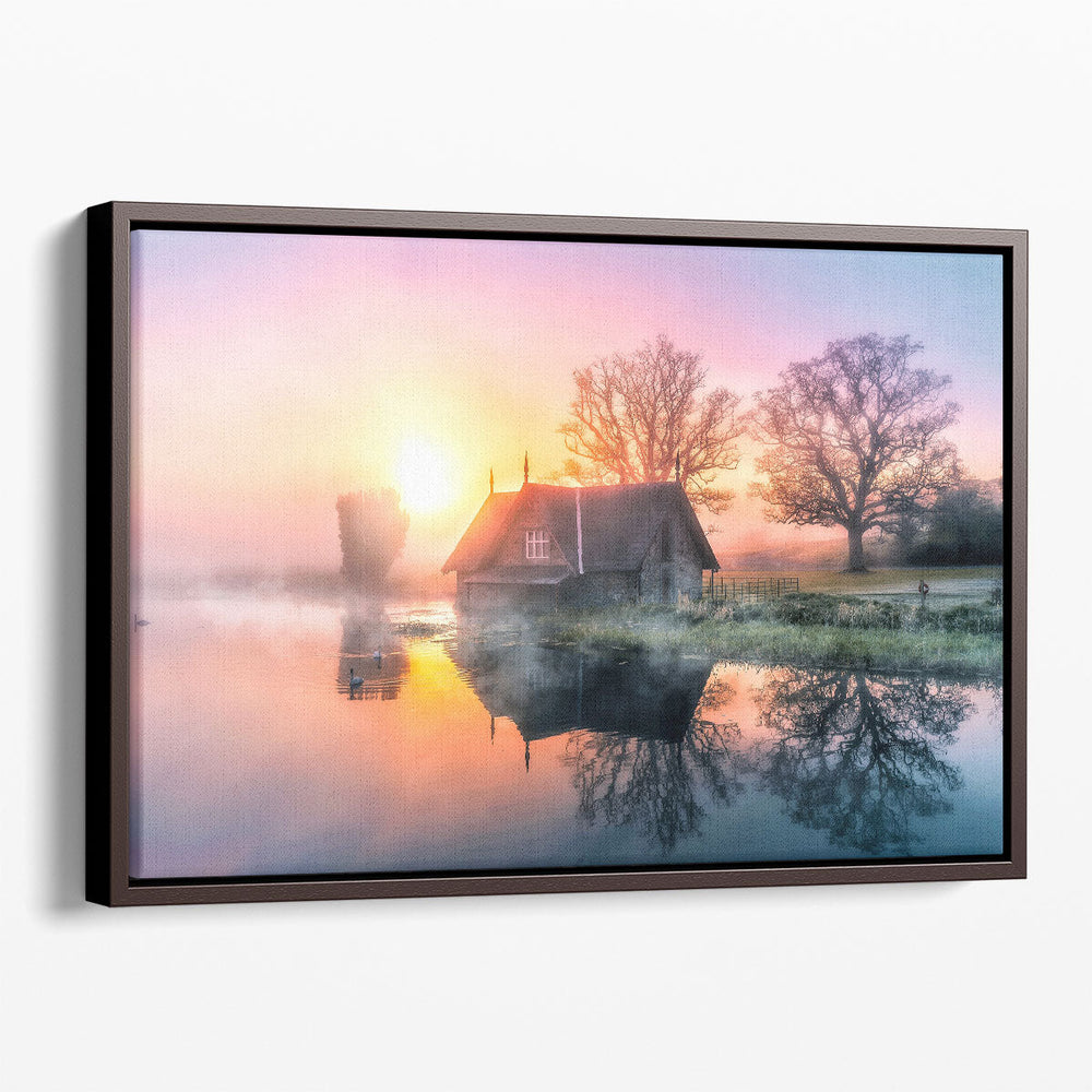 Foggy Lake House in Early Morning During Sunrise - Canvas Print Wall Art