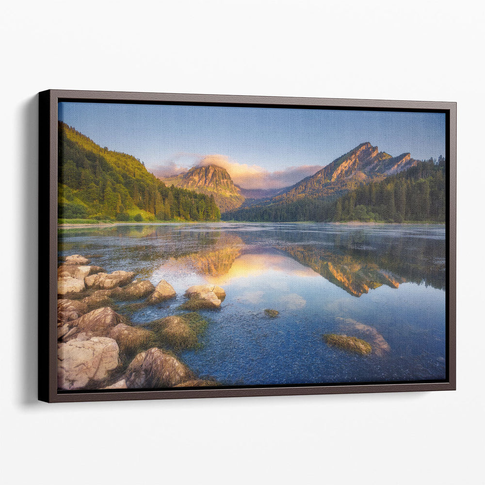 Sunset at Turquoise Lake Obersee, Swiss Alps, Europe - Canvas Print Wall Art