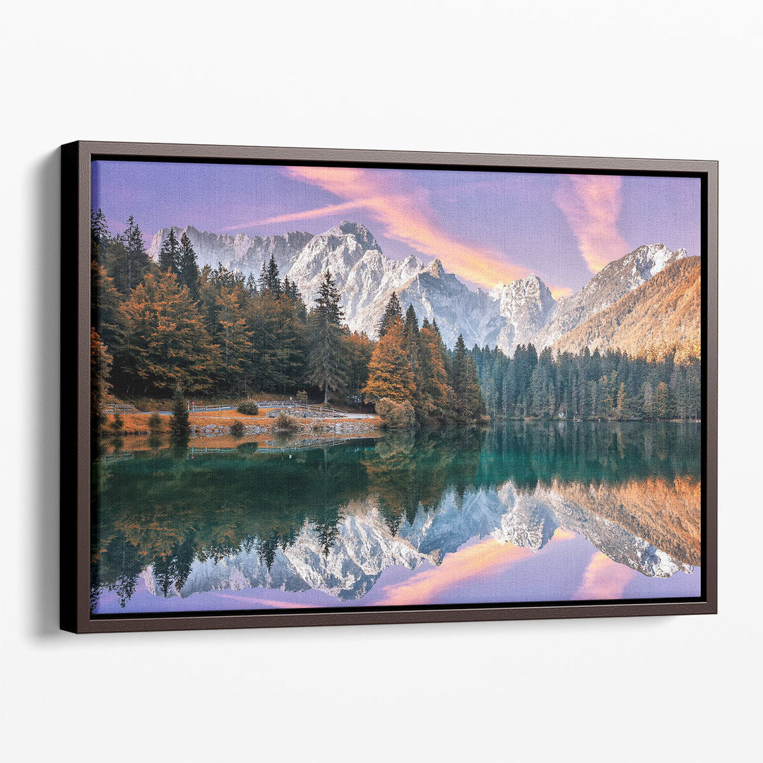 Autumn Landscape During Sunset At The Fusine Lake - Canvas Print Wall Art