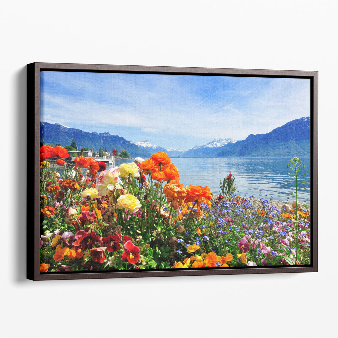Colorful Flowers in Bloom Near Lakeshore - Canvas Print Wall Art