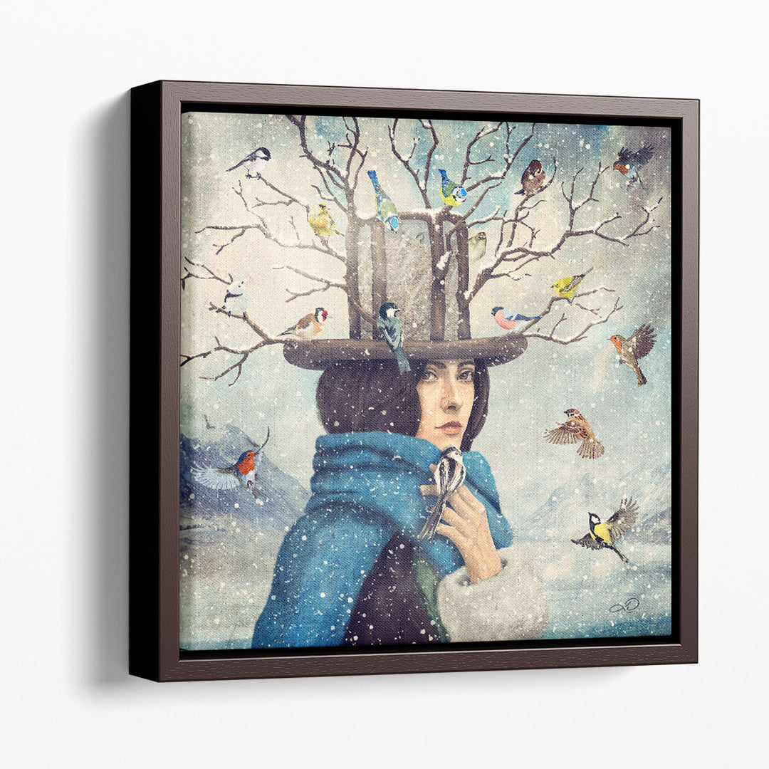 The Lady With The Bird Feeder Hat - Canvas Print Wall Art