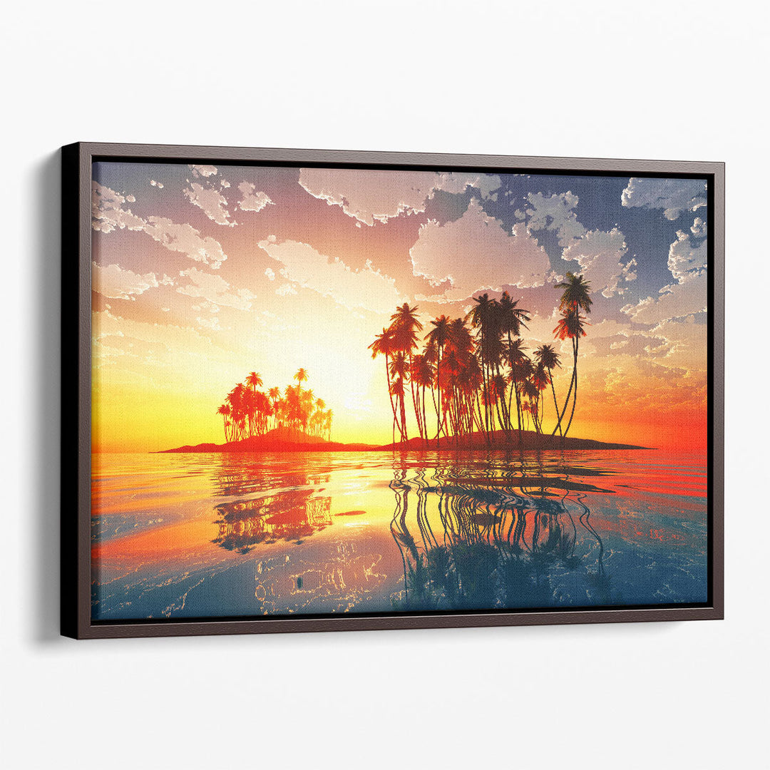 Magic Sunset in Clouds Over Coconut Tropic Island - Canvas Print Wall Art