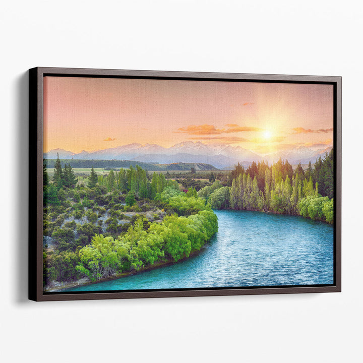 Sunset Over The Bend Of The River Clutha, Alps Peaks - Canvas Print Wall Art