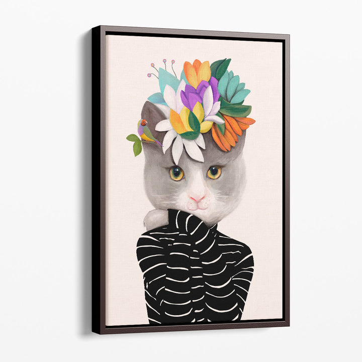 Cat With Flowers And Finch - Canvas Print Wall Art