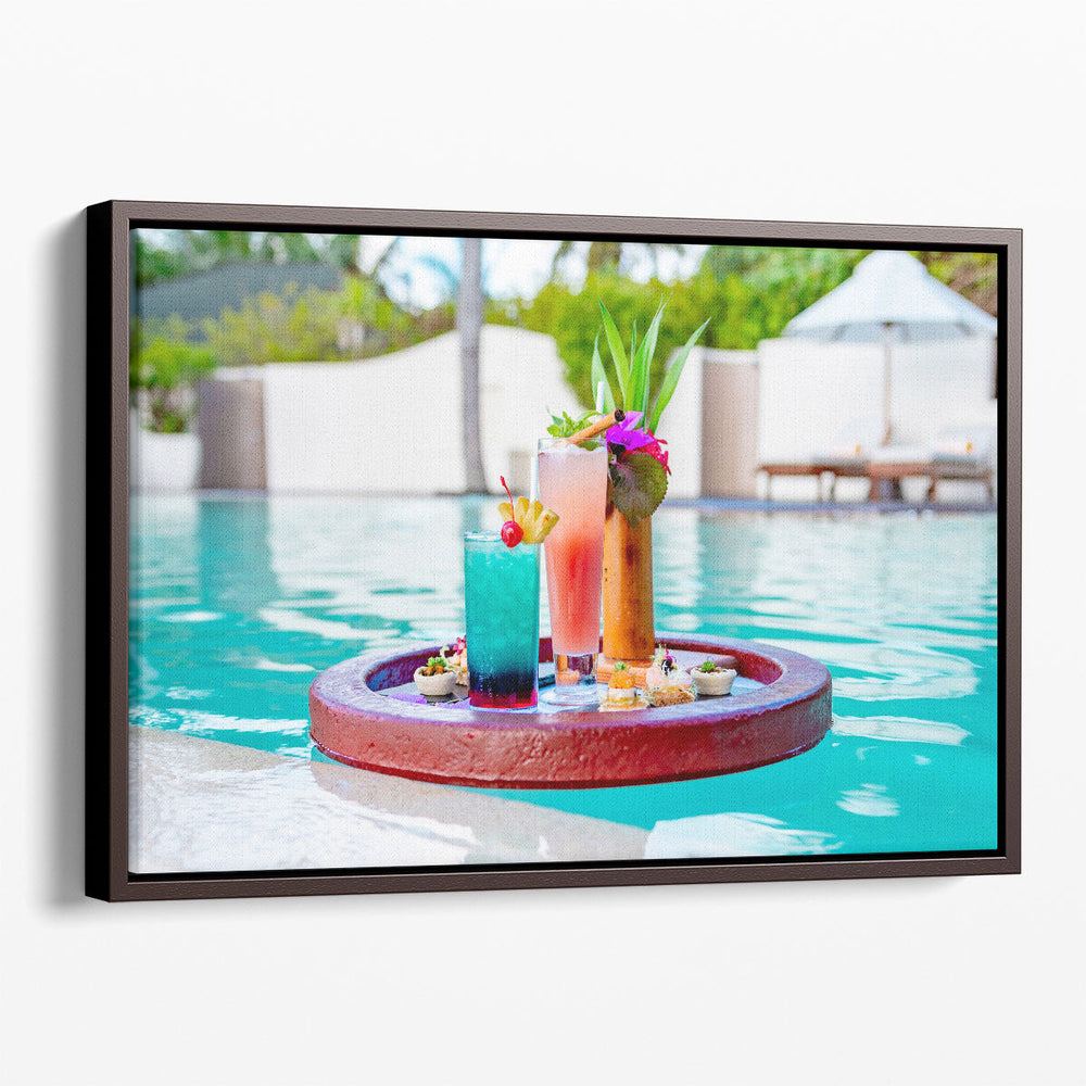 Floating Tray in Swimming Pool With Cocktails and Snacks - Canvas Print Wall Art