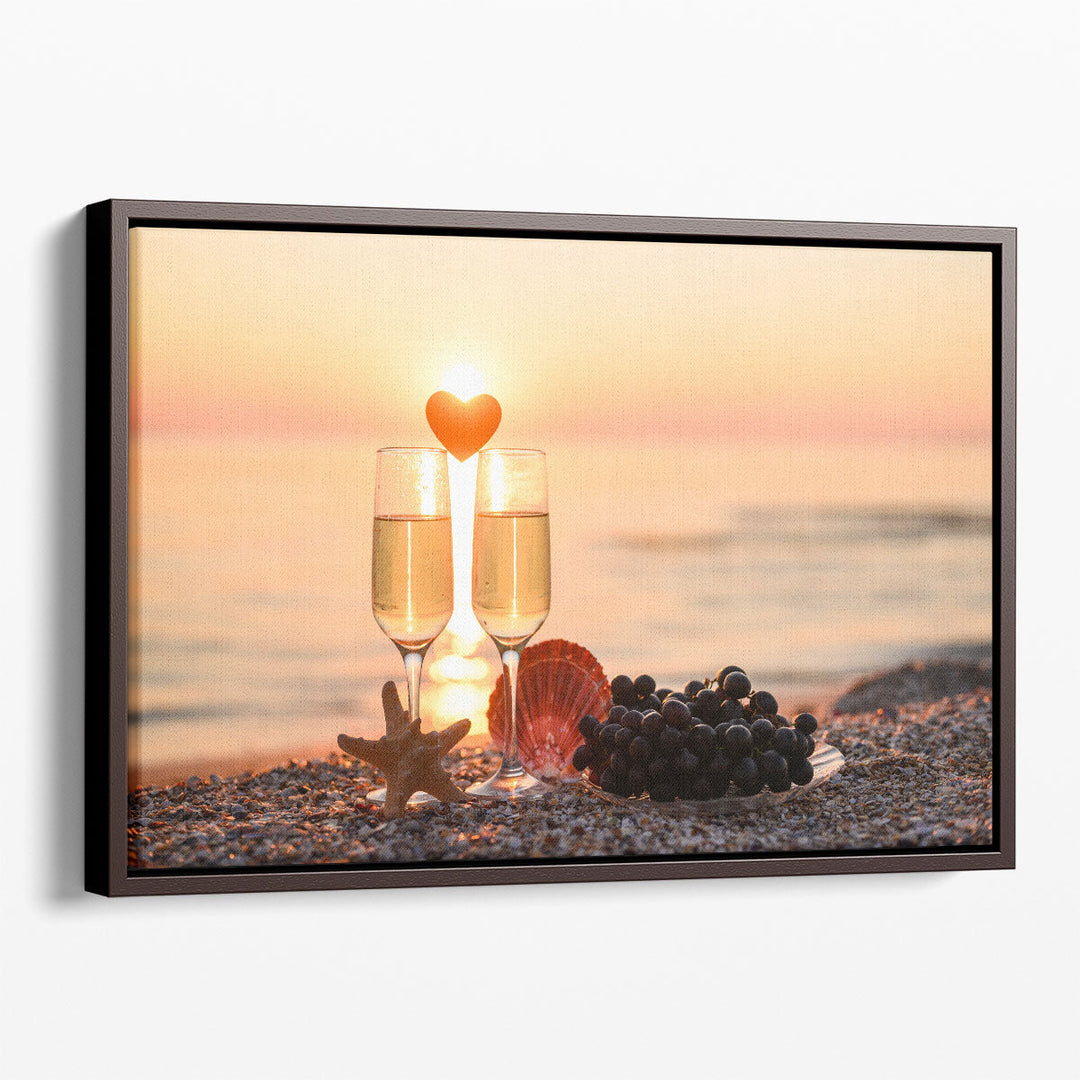 Romantic Atmosphere at Sunset By The Sea, Grapes, Wine and a Heart - Canvas Print Wall Art