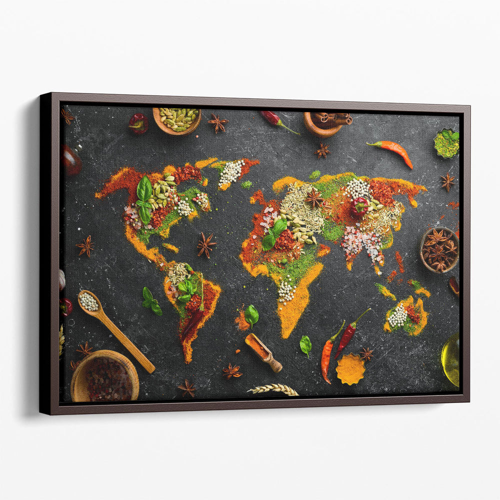 Set of Herbs and Spices as World Map, Kitchen Decor, Restaurant Art - Canvas Print Wall Art